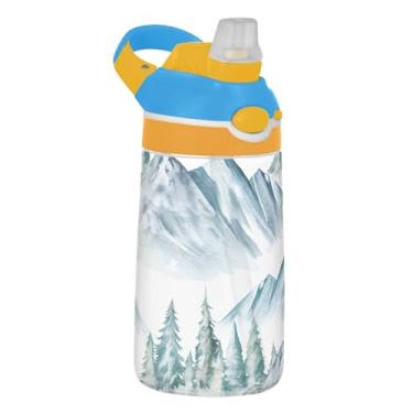 Imagem de Garrafa de água infantil Tritan de 473 ml, reutilizável, garrafa de água de plástico de 473 ml, com canudo à prova de vazamento, copo infantil portátil, alça de transporte, aquarela, montanhas e