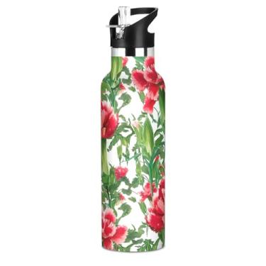 Imagem de Garrafa de água infantil isolada de 590 ml com tampa de palha, cravos florais vermelhos folhas verdes garrafa de água esportiva de aço inoxidável com alça, copos de viagem à prova de vazamento para