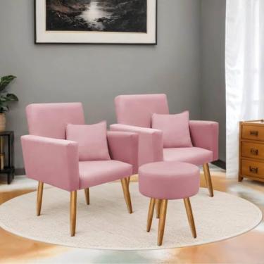Imagem de Poltrona Decorativa com Puff Sala | Estofada em Suede, Pé Palito Madeira, Conforto e Design Moderno(Rose)