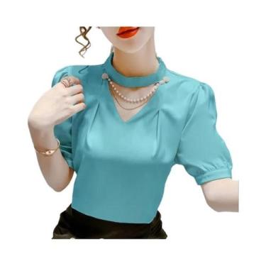 Imagem de Blusa Feminina Casual De Verão Com Manga Bufante, Gola O, Lisa E Detal