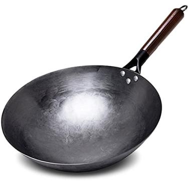 Imagem de Conjuntos de panelas Wok de ferro sem revestimento Wok chinês tradicional artesanal para panela de cozinha cabo de madeira para panelas a gás 1 a 2 (cor: D, tamanho: 30 cm)