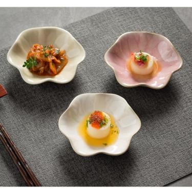 Imagem de Pratos de molho de folha de lótus, conjunto de 3 peças de cerâmica estilo japonês com borda dourada para panela quente, sushi, entretenimento de mesa, cor clara