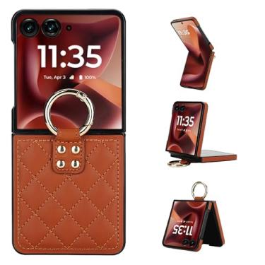 Imagem de Capa para Motorola Razr 50 Ultra, capa traseira ultrafina e leve com anel de metal, capa de couro fina à prova de choque, design elegante de ponto de diamante (marrom)
