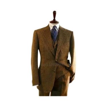 Imagem de Terno Masculino Slim Fit Em Tweed Herringbone 3 Peças Para Negócios Ca