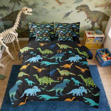Imagem de Erosebridal Conjunto de edredom solteiro de dinossauro para meninos, 7 peças, cama de dinossauro de desenho animado em uma bolsa para quarto, jogo de cama de animal antigo com edredom, lençóis