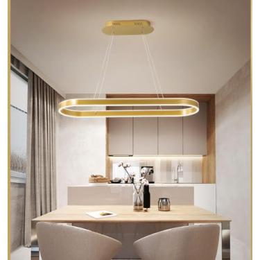 Imagem de Lustres de LED para mesas de jantar, escritórios e salas de conferência, lustres de estúdio, balcões de bar ovais, lustres retangulares luxuosos com anéis brilhantes (dourado, 80 cm)