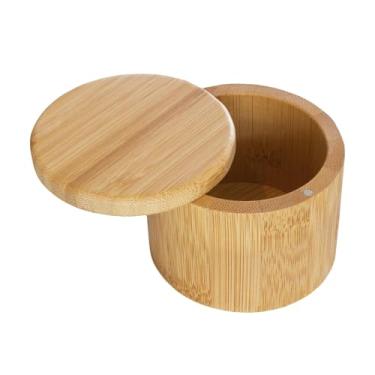 Imagem de Saleiro com tampa e colher – Caixa de sal para armazenamento de cozinha, tampa giratória para sal marinho, especiarias e ervas, recipiente rústico de tempero de bancada