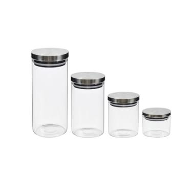 Imagem de Conjunto de Potes Herméticos de Vidro com Tampa Inox. Kit 4 Peças Herméticas para Mantimentos e Organização da Cozinha