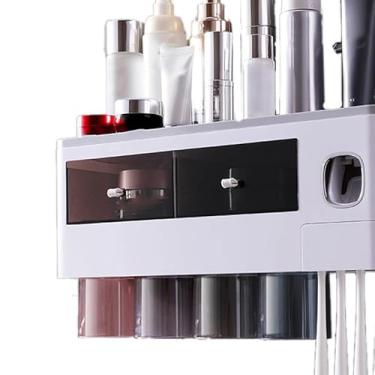 Imagem de Mingzhe Suporte de Parede para Escova de Dentes, Absorção Magnética, Rack Armazenamento Com Gaveta, Dispensador Pasta Dente para Banheiro (4 xícaras cinza translúcido)
