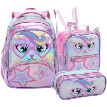 Imagem de Kit Material Escolar Infantil Feminino Mochila de Costas Lancheira Tér