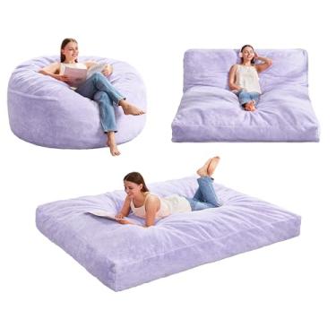 Imagem de Hobestluk Bean Bag Cadeira conversível Beanbag para adultos, pufe 3 em 1 com capa de pele sintética de pelúcia, cadeira de pufe adulto para sala de estar, quarto (roxo, Queen)