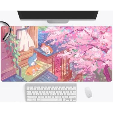 Imagem de Tapete de mesa de anime rosa flor de cerejeira fofos, tapete de mesa estético, 2GG, mouse pad estendido para jogos, trabalho, escritório, computador, notebook, teclado, tapete de mesa 90,9 x 39,9 cm