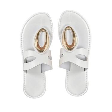 Imagem de GORGLITTER Sandálias femininas de metal planas de couro recortadas, elegantes e abertas, chinelos casuais, Branco, 37