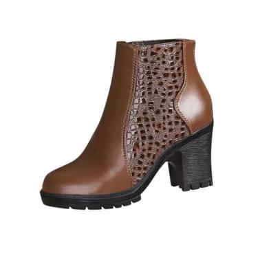 Imagem de Bota feminina de cano curto com zíper nas costas, bico redondo, salto grosso, cor sólida, casual, moda de inverno, Marrom, 38