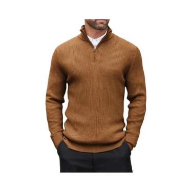 Imagem de Suéter Masculino De Manga Longa Com Zíper De 1/4, Ajuste Slim, Casual,