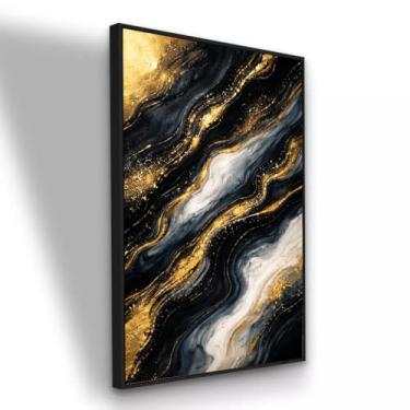 Imagem de Quadro tecido Canvas Abstrato Preto e Dourado Arte Moderna 110x80 cm com Moldura Preta