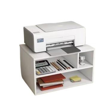 Imagem de Prateleira de impressora de mesa de escritório pequena dupla de madeira copiadora de mesa organizador de altura mesa de armazenamento para impressora (branca)