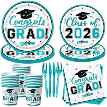 Imagem de Conjunto de louça de decoração de formatura azul-petróleo, pratos e guardanapos de graduação classe de 2025, pratos de graduação, copos e guardanapos para decorações de festa de graduação de parabéns,