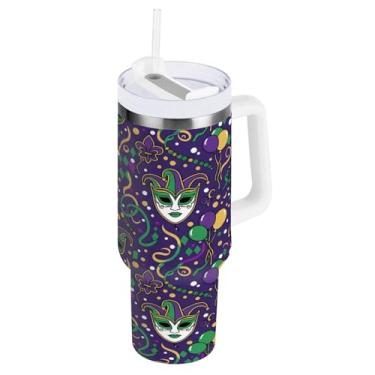Imagem de Blueangle Copo isolado de fitas de carnaval de 850 g com alça e tampa de palha, caneca de viagem reutilizável de aço inoxidável (795)