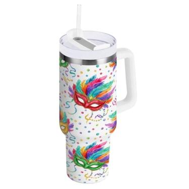 Imagem de Blueangle Copo isolado de máscara de carnaval de 850 g com alça e tampa de palha, caneca de viagem reutilizável de aço inoxidável (936)