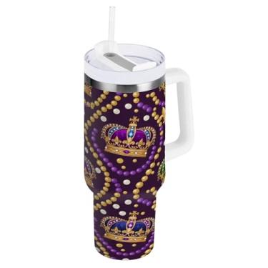 Imagem de Blueangle Copo isolado de coroas de carnaval de 850 g com alça e tampa de palha, caneca de viagem reutilizável de aço inoxidável (618)