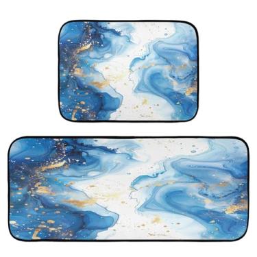 Imagem de xigua Conjunto de 2 peças de tapetes e tapetes de cozinha de mármore azul absorvente macio para chão tapete de cozinha antiderrapante conjunto de capacho de cozinha, 50 x 120 cm + 50 x 70 cm