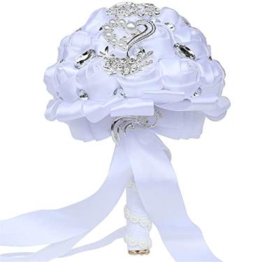 Imagem de Buquês de casamento para noiva rosas flores artificiais com strass e pérolas, buquê de noiva romântico para dama de honra segurando flores para casamento, dia dos namorados, festa de confissão Q (B)