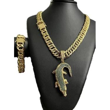 Imagem de Cordão E Pulseira Grumet 15Mm Pingente Jacaré Banhado A Ouro - Tojoia1