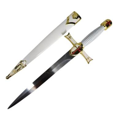 Imagem de Adaga Templária 39cm Cabo Branco Dourado Em Aço Decorativa - Tenda Med
