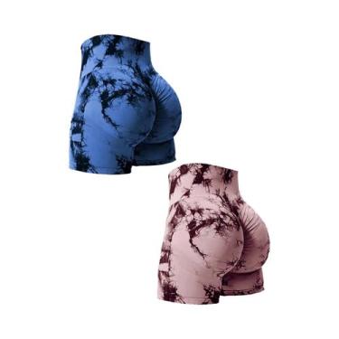 Imagem de Shorts De Ginástica Femininos De Cintura Alta Com Efeito Tie Dye, Leva
