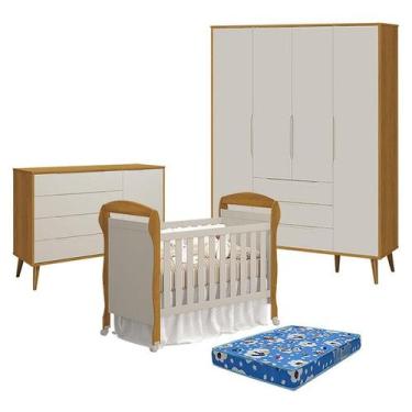 Imagem de Quarto de Bebê 4 Portas com Cômoda com Porta Elfe Retrô e Berço Americ