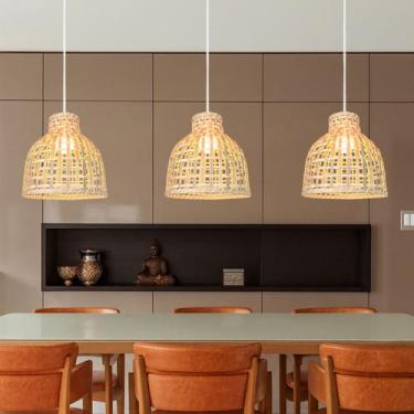 Imagem de 3 Pendente Fibra Natural Em Bambu Boho Bancada Nat52 - Acende a Luz