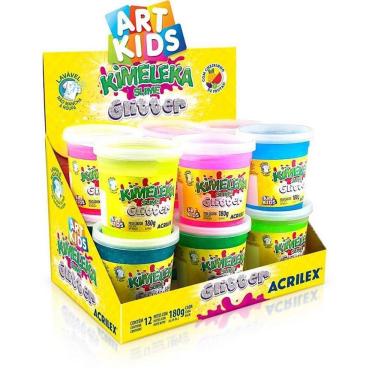 Imagem de Slime Kimeleka Glitter 180g Caixa com 12 Unidades Cores Sortidas Lavável e Não Tóxico Acrilex