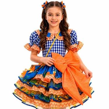 Imagem de Vestido Festa Junina Infantil Xadrez Super Luxo Rodado Com Babados e B