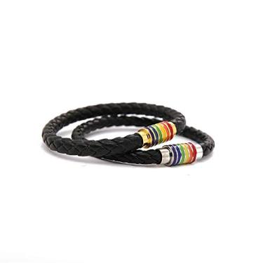 Imagem de 2 peças pulseiras orgulho LGBT pulseira arco-íris gays lésbicas acessórios bissexuais couro magnético trançado envoltório punho unissex romântico/presente da amizade para homens mulheres