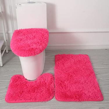 Imagem de Tapete de banho 3 peças/conjunto de pelúcia capa de banheiro almofada de pés absorvente antiderrapante tapete de banheiro de flanela macio tapete de banho, rosa vermelha