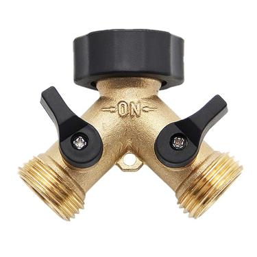 Imagem de C/H Torneira de latão de 2 vias, divisor de mangueira de jardim de 1,9 cm Conector de mangueira Y Conector de latão Y Divisor Conector de mangueira bidirecional Coletor de latão com válvulas de desligamento individuais