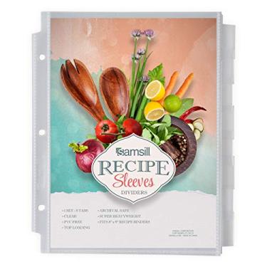 Imagem de Samsill Divisórias de receitas Junior de 8 abas, mangas de receita, divisórias protetoras de folhas com inserções de aba, transparentes, superpesadas, carregamento superior, perfuradas com 3 unidades