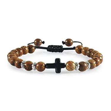 Imagem de Pulseiras trançadas de madeira natural de 8 mm masculinas ajustáveis meditação pedra pulseira feminina joias de oração pulseira de ioga casa (trançado 11)