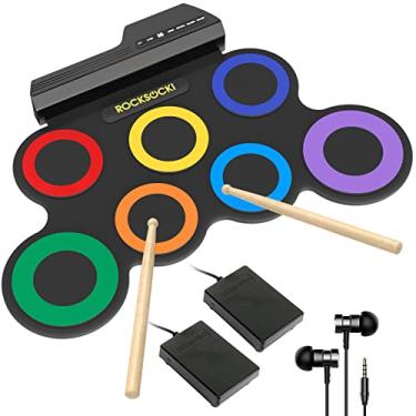 Imagem de Conjunto de bateria elétrica ROCKSOCKI, conjunto de bateria eletrônica infantil de 7 almofadas com fone de ouvido incluído, bloco de prática de bateria enrolável, ótimo feriado de Natal para crianças