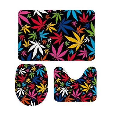 Imagem de Conjunto de tapetes de banheiro My Daily 3 peças coloridas folhas de maconha cannabis preto contorno em forma de U tapete de banheiro e tampa de tampa, tapete de chuveiro antiderrapante conjunto de tapetes de banheiro