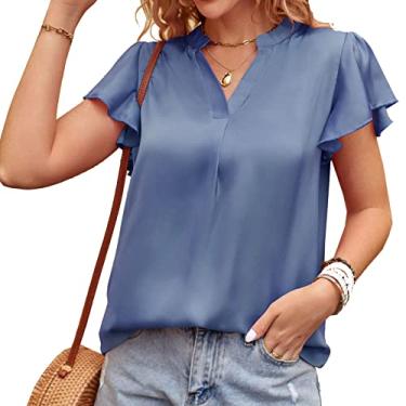 Imagem de Blusa feminina casual de manga curta, camiseta com gola em V para o verão, simples, manga com babados, pulôver de trabalho, azul, M (busto: 102 cm)