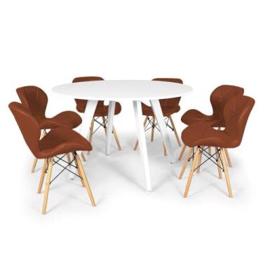 Imagem de Conjunto Mesa de Jantar Redonda Amanda Branca 120cm com 6 Cadeiras Eiffel Slim - Marrom
