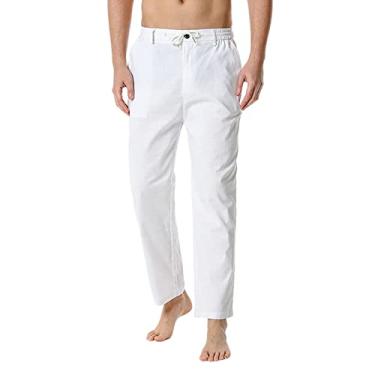 Imagem de Home Calças masculinas de algodão - cintura elástica leve casual solta calça masculina pelúcia memória, Branco, 3G