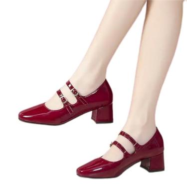 Imagem de Mary Jane Sapatos femininos vermelhos sapatos de salto alto de couro sapatos de verão outono festa de casamento sapatos femininos