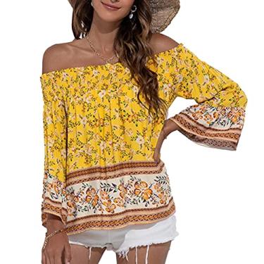 Imagem de Blusa de Ombro de Fora, Blusa de Ombro de Fora Estampada Solta Gola Elástica Com Padrão Floral para Mulheres para Compras (S)