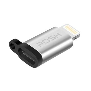 Imagem de Adaptador Conversor Lightning Micro USB com Chaveiro Carrega e Transfere Dados Posher Prateado