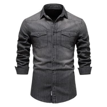 Imagem de Camisa jeans masculina listrada primavera outono casual slim lapela manga longa bolso casual, Preto, GG