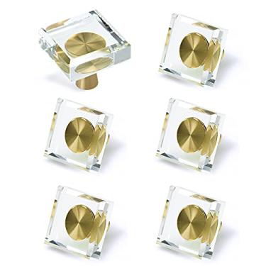 Imagem de JEREVER Pacote com 6 maçanetas de cristal de vidro, puxador de gaveta de latão, ferragens douradas para cômoda e cozinha (quadrada)