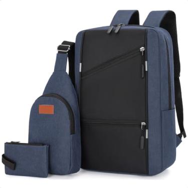 Imagem de Kit Mochila Notebook Escolar 3 Peças Bolsa Executiva Masculina Feminina Reforçada Para Laptop 15,6 Conjunto Estojo + Shoulder Bag (Azul, 15.6")